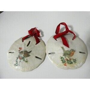 VTG Unbranded Set of 2 Sand Dollar Christmas Ornaments Bird Robin Finch 2.5"